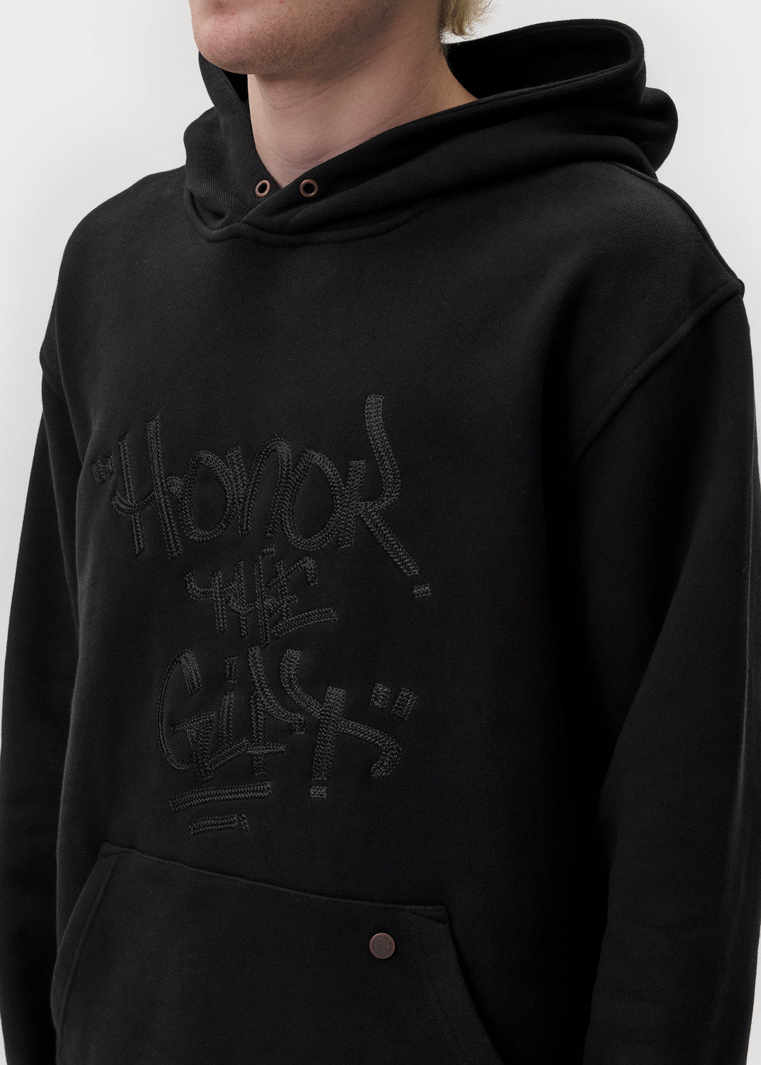 Honor the Gift - Black Script Embroidered Hoodie | 1032 SPACE