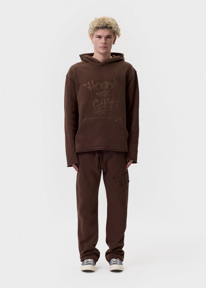 Honor the Gift - Brown Script Embroidered Sweatpants | 1032 SPACE
